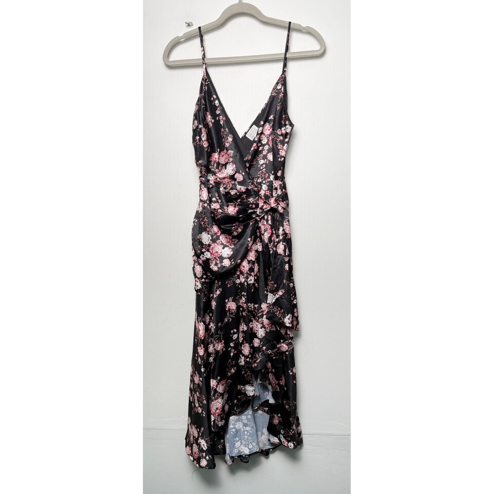 Wraparound Dee Elly Black Pink‎ Floral Satin Faux Wrap Midi Dress Womens Medium